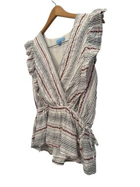 Striped Blouse with Red Embroidery Cinched Waist, Flutter Sleeves Office Sz S
